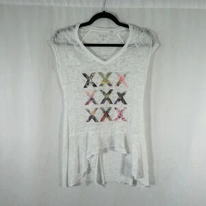 Guess Shirt Women Small White Vneck Graphic Pribt Short Sleeve Lightweight